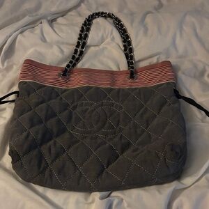 CHANEL Gray Quilted Canvas Tote with Pink Trim